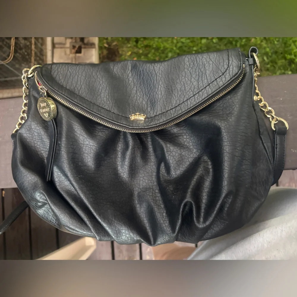 Y2K Juicy Couture Black Hobo Bag with Gold Chain Accents.